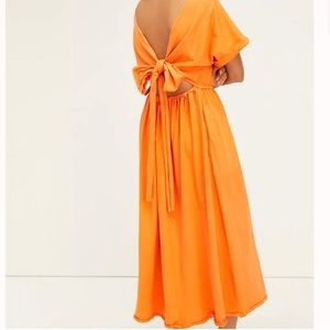 Free People Orange Crew Neck Cuffed Sleeve Midi Dress